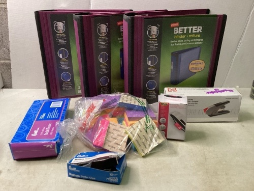Lot of Office Supplies, 3 Binders, 1 Pack Facial Tissue, 12 Pk Medium Binder Clips, 100 Ct. Thermal Laminating Pouches (ID Card), One-Touch Stapler, Sticky Notes - Lot 408