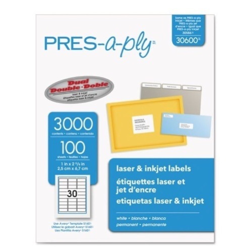 Lot of 2 Boxes PRES-a-ply Laser & Inkjet Labels, 1" x 2 5/8", White, 3000/Box - Lot 328