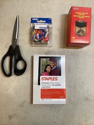 Lot of Office Supplies, Scissors, 100Pk Quill Push Pins, Magnetic Paper Clip Dispenser w/ 100 Paper Clips, Staples 60 Ct. 4" x 6" Gloss Photo Paper, 13 Pads Sticky Notes, Bag Rubber Bands, 2 Ct. Quill Invisible Tape, 3/4" x 1296" - Lot 687