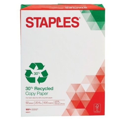 Lot of 10 Packs STAPLES 30% Recycled White Copy Paper, 8.5 x 11-inch, 500 Sheets/Pack - Lot 612