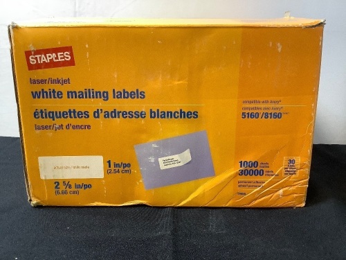 Staples Laser Mailing Labels, 1000 Sheets, 1"x2 5/8" - Lot 288