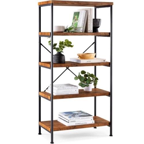 5-Tier Industrial Bookshelf w/ Metal Frame, Wood Shelves - Lot 7624