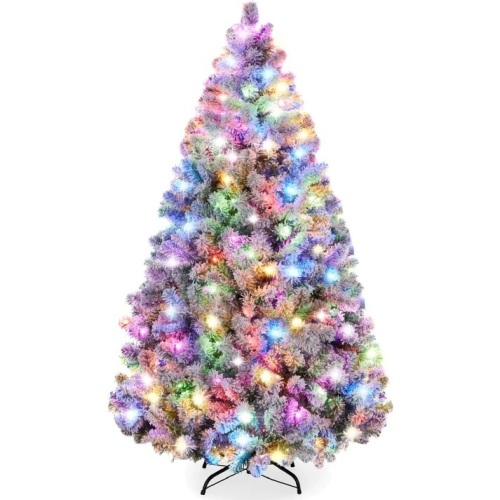 Pre-Lit Snow Flocked Artificial Pine Christmas Tree w/ Multicolored Lights - Lot 8438
