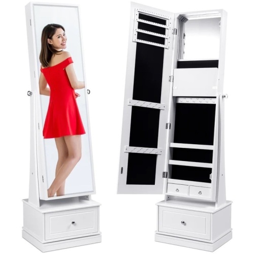 360 Swivel Mirrored Jewelry Cabinet Armoire w/ LED Lights, Mirror - Lot 8492