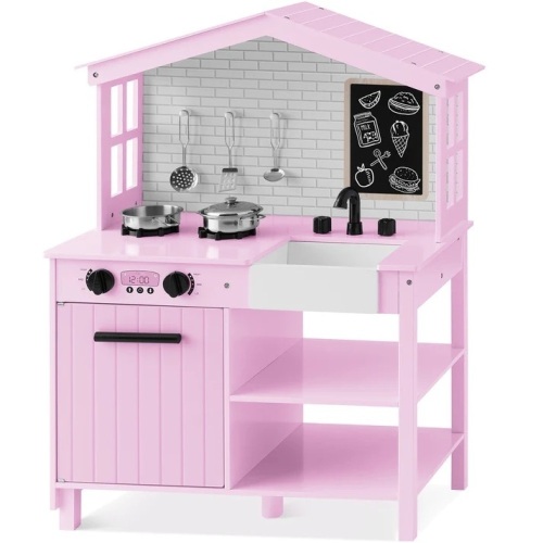 Kids Farmhouse Play Kitchen w/ Chalkboard, Storage Shelves, 5 Accessories - Lot 8523
