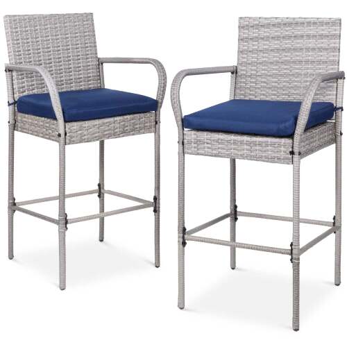 Set of 2 Indoor Outdoor Wicker Bar Stools w/ Cushion, Footrests, Armrests - Lot 8685