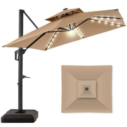 2-Tier Square LED Cantilever Offset Umbrella w/ 360 Rotation, Base - 10x10ft  - Lot 55