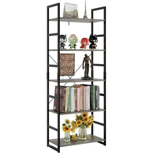 Homfa 5-Tier Free Standing Tall Bookshelf with Black Metal Frame, Gray Finish - Lot 297