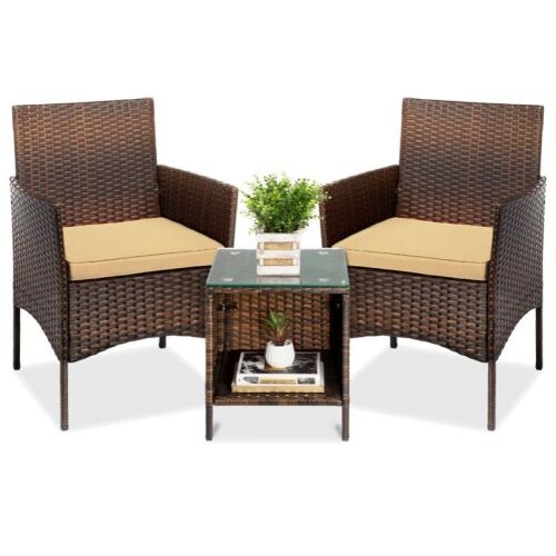 3-Piece Outdoor Patio Wicker Bistro Set w/ Side Storage Table - Lot 345