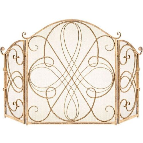 3-Panel Wrought Iron Metal Fireplace Screen Cover w/ Scroll Design - 55x33in  - Lot 592