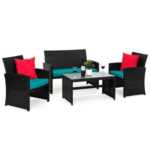 4-Piece Outdoor Wicker Conversation Patio Set w/ 4 Seats, Glass Table Top  - Lot 159