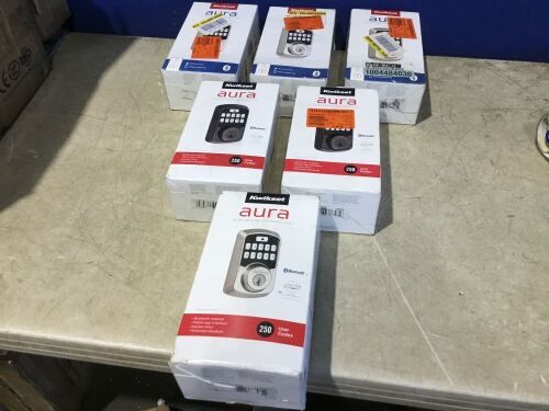 Lot of (6) Kwikset Aura Single Cylinder Electronic Bluetooth Keypad Smart Lock Deadbolt featuring SmartKey Security - Lot 134