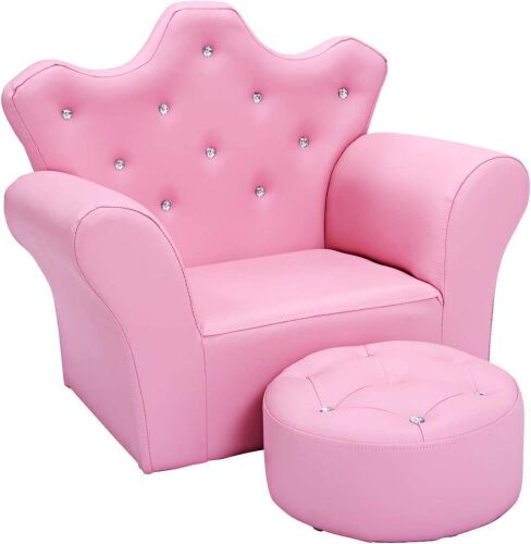 Pink Faux Leather Upholstery Princess Kids Arm Chair Kids Sofa with Ottoman - Lot 575