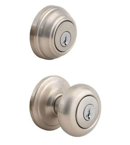 Lot of (2) Kwikset Juno Satin Nickel Exterior Entry Door Knob and Double Cylinder Deadbolt Combo Pack Featuring SmartKey Security - Lot 379