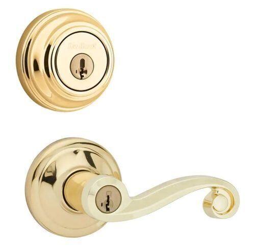 Lot of (2) Kwikset Lido Polished Brass Exterior Entry Door Handle and Single Cylinder Deadbolt Combo Pack Featuring SmartKey Security - Lot 389