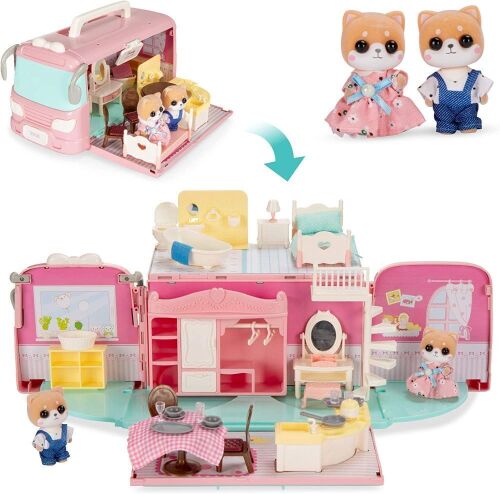 Dollhouse Playset Camper Van Pretend Play Portable Toy Gift Set with 54 Accessories and Tiny Critters - Lot 486