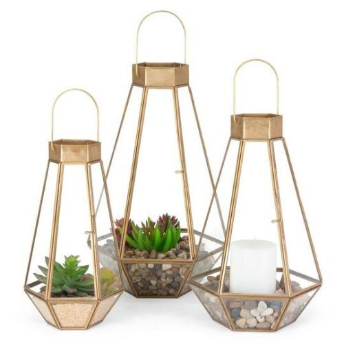 Set of 3 Indoor Outdoor Decorative Metal Faceted Hurricane Candle Lanterns w/ Clear Glass - Brass - Lot 142