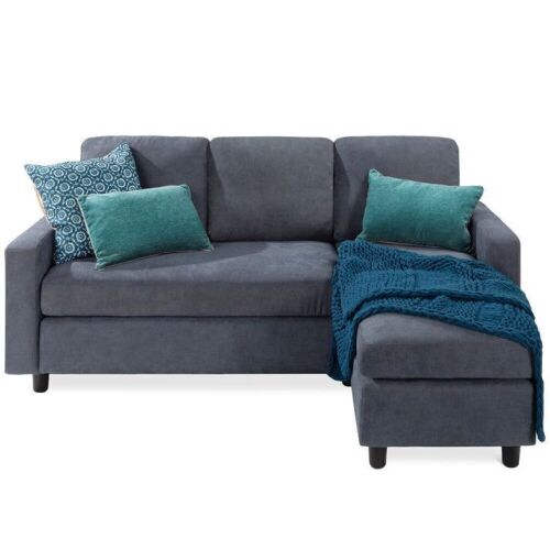 Linen Sectional Sofa Couch w/ Chaise Lounge, Reversible Ottoman Bench  - Lot 26