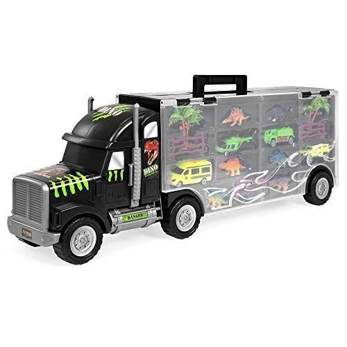 22in 16-Piece Kids Giant Transport Carrier Truck w/ Dinosaurs, Helicopter, Cars  - Lot 145