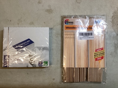 Lot of Office Supplies - 20 Pk Mars Plastic Erasers, Steso Wooden Skewers 60 Ct., 2 Ct. Yoobi Journal, 5.2" x 8.5" in, 80 Sheets/Each, Lined Paper Pad, 8 Ct. Paper Mate InkJoy Ballpoint Pens, 3 Ct. Legal Pads, Clip Board - Lot 117