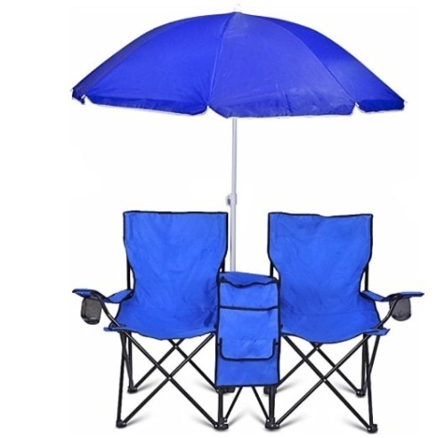 Portable Double Folding Chair w/Removable Umbrella, Cooler Bag and Carry Case - Blue - Lot 322