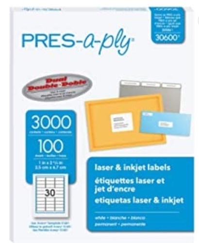 PRES-a-ply Laser Address Labels, 1" x 2-5/8", White, 3000/Box - Lot 507