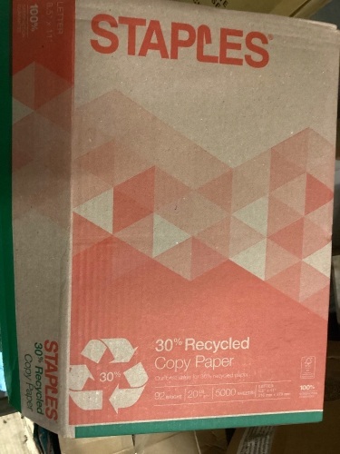 Staples 8.5" x 11" 30% Recycled Copy Paper, 20 lbs., 92 Brightness, 500 Sheets/Ream, 10 Reams/Carton - Lot 383