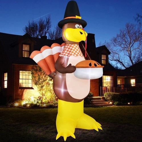 12 Foot Giant Thanksgiving Inflatable Outdoor Decorations Turkey Holding Pumpkin Pie with LED Lights - Lot 194