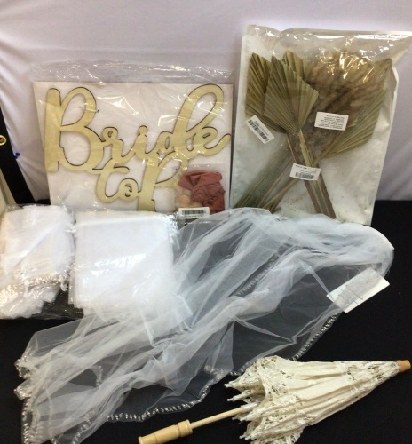 Wedding Bundle-Wooden Bride Sign, Tulle Bags, Veil, Lace Umbrella, & Artificial Filler - Lot 369