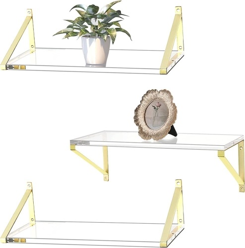 Set of 3 Clear Acrylic Floating Shelves w/ Gold Brackets - Lot 360