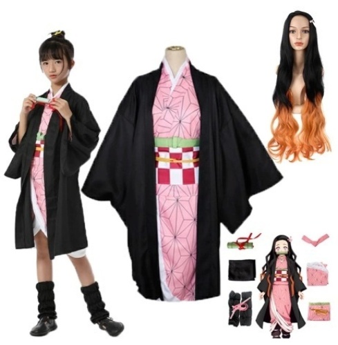 Anime Demon Slayer Kimetsu No Yaiba Kamado Nezuko Cosplay Costume, L(may fit like a M) + Anime Hoodie, L - Lot 90
