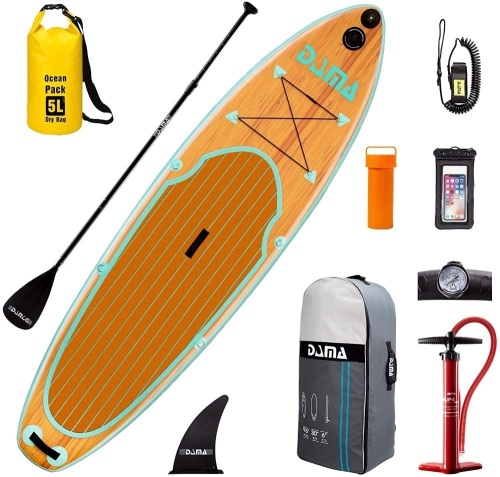 DAMA Inflatable Ultra-Light Stand Up Paddle Board with Hand Pump, 9'6" x 30" x 6", Design May Vary - Appears New in Damaged Box  - Lot 58