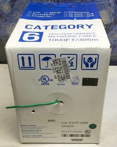 1000' Green Cat 6 UTP CMR High Performance Network Cable - Appears New - Lot 241