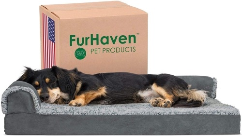 Furhaven Pet Medium Two-Tone Faux Fur & Suede Orthopedic Sofa Pet Bed, Stone Gray - Appears New in Damaged Box  - Lot 247