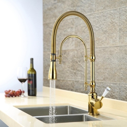 High Arc Dual-Mode Pull-Down Kitchen Faucet Solid Brass with Porcelain Handle - Appears New - Lot 258
