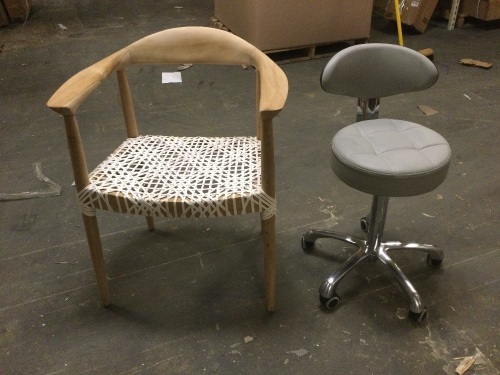Wooden Chair with Woven Seat, and a Rolling Stool. - Lot 319