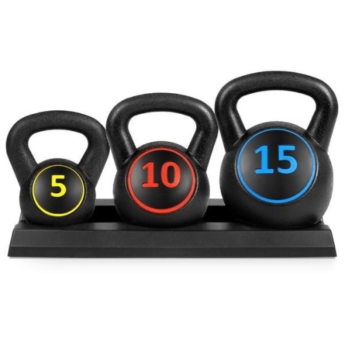 3-Piece Kettlebell Exercise Fitness Weights Set w/ Base Rack. Appears New - Lot 324