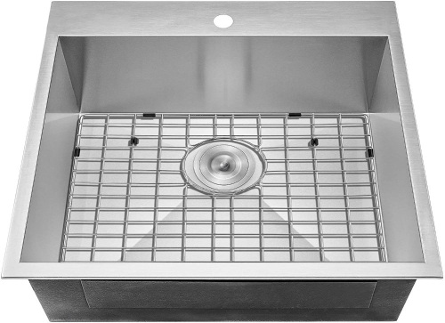 PKB Topmount Single Bowl Stainless Steel Kitchen Sink with Dish Grid and Drain Kit, 25" x 22" x 9" - Appears New  - Lot 337