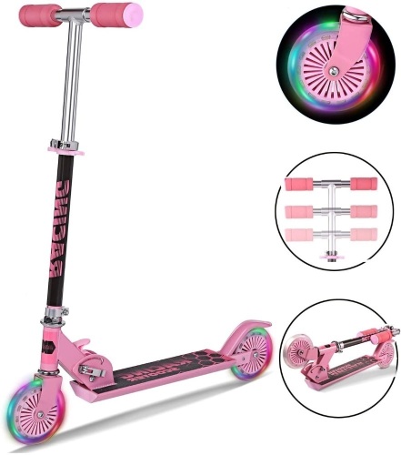 Lot of (4) Kids Aluminum Folding Scooters with Light Up Wheels, Adjustable Height, Max Weight 100lbs, Pink/Black - Appear New  - Lot 411