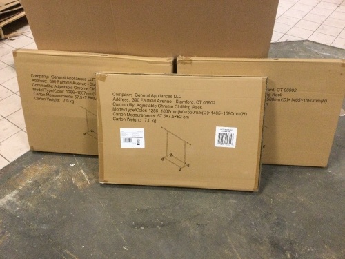 Lot of (3) New Single Rail Rolling Clothing Racks in Chrome.  - Lot 470