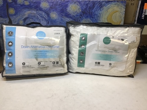 Puredown White Down Alternative King Size Comforter & Puredown Natural White Goose Down Pillows, Standard/Queen Size Twin Pack - Appear New  - Lot 534