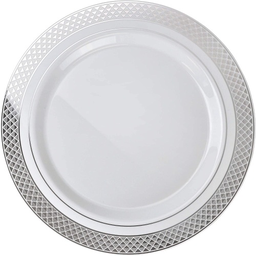 Case of Occasions Celebration Collection 7.5" Premium Heavyweight Disposable Plastic Plates, White/Silver, 120ct - NEW - Lot 545