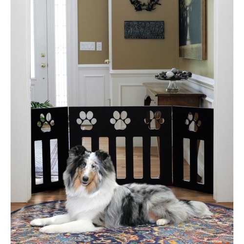Pet Store Wooden Paw Decor Pet Gate (Black). Measures 19" high and adjusts to up to 4 feet wide. NEW - Lot 554