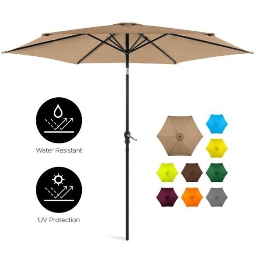 10ft Outdoor Steel Market Patio Umbrella Decoration w/ Tilt, Crank Lift in Tan. Appears New - Lot 699