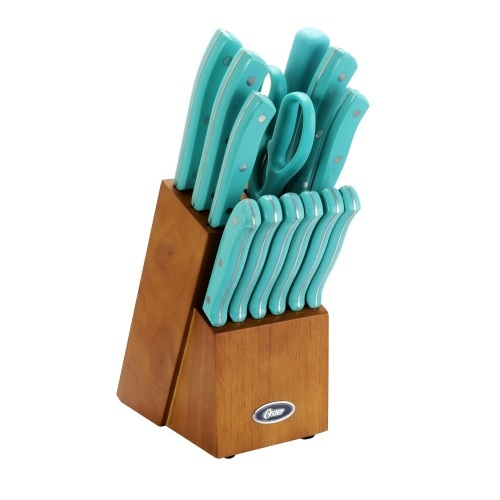 Oster Evansville 14 Piece Stainless Steel Cutlery Set with Turquoise Plastic Handles - Appears New  - Lot 572