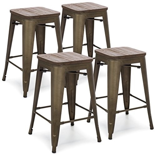 24" Stackable Industrial Distressed Metal Counter Height Bar Stools w/Wood Seat, Set of 4 - Appears New - Lot 684