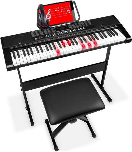 61-Key Beginners Electronic Keyboard Set w/LED Screen, Lighted Keys, Recorder, 3 Teaching Modes, H-Stand, Stool, Headphones - Appears New  - Lot 677
