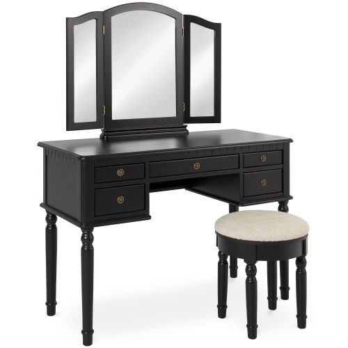 Vanity Dressing Table Set w/Tri-Folding Mirror, Upholstered Stool Seat, 5 Drawer Storage Organizer - Appears New  - Lot 61