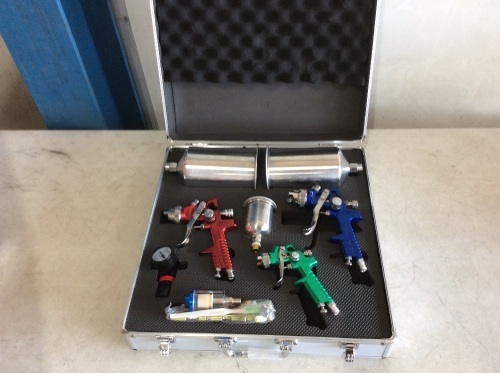 3 HVLP Air Spray Gun Kit Auto Paint Car Primer Detail Basecoat Clearcoat w/ Case - Appears New   - Lot 101