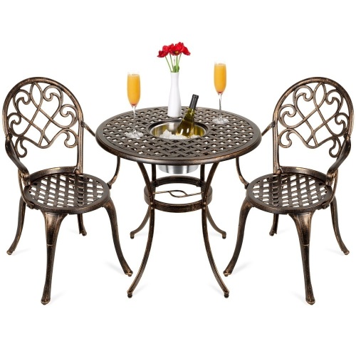 Cast Aluminum Outdoor Bistro Table Set w/ Attached Ice Bucket, 2 Chairs, Copper Finish - Appears New  - Lot 877
